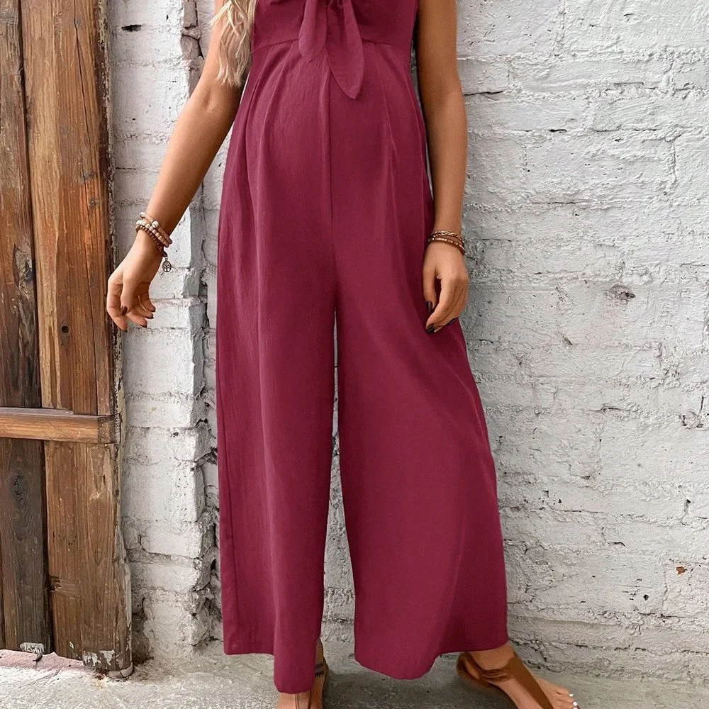 Burgundy Casual Womens Maternity Knot Front Cami Jumpsuit - Picture 4 of 5